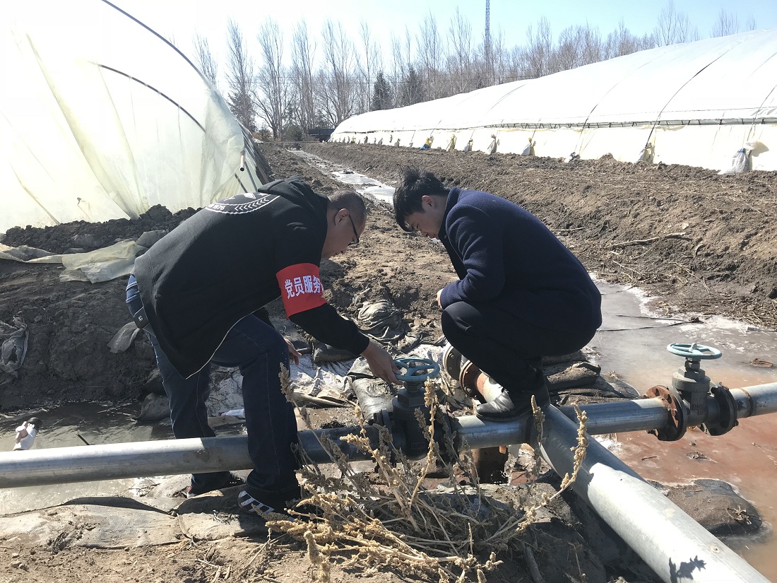 3月29日，红卫农场第九管理区党支部组建一支党员干部志愿服务队，深入田间地头开展志愿服务。图为：志愿服务队员查看大棚基地电井出水情况，为接下来的大棚浇床做好用水准备.JPG